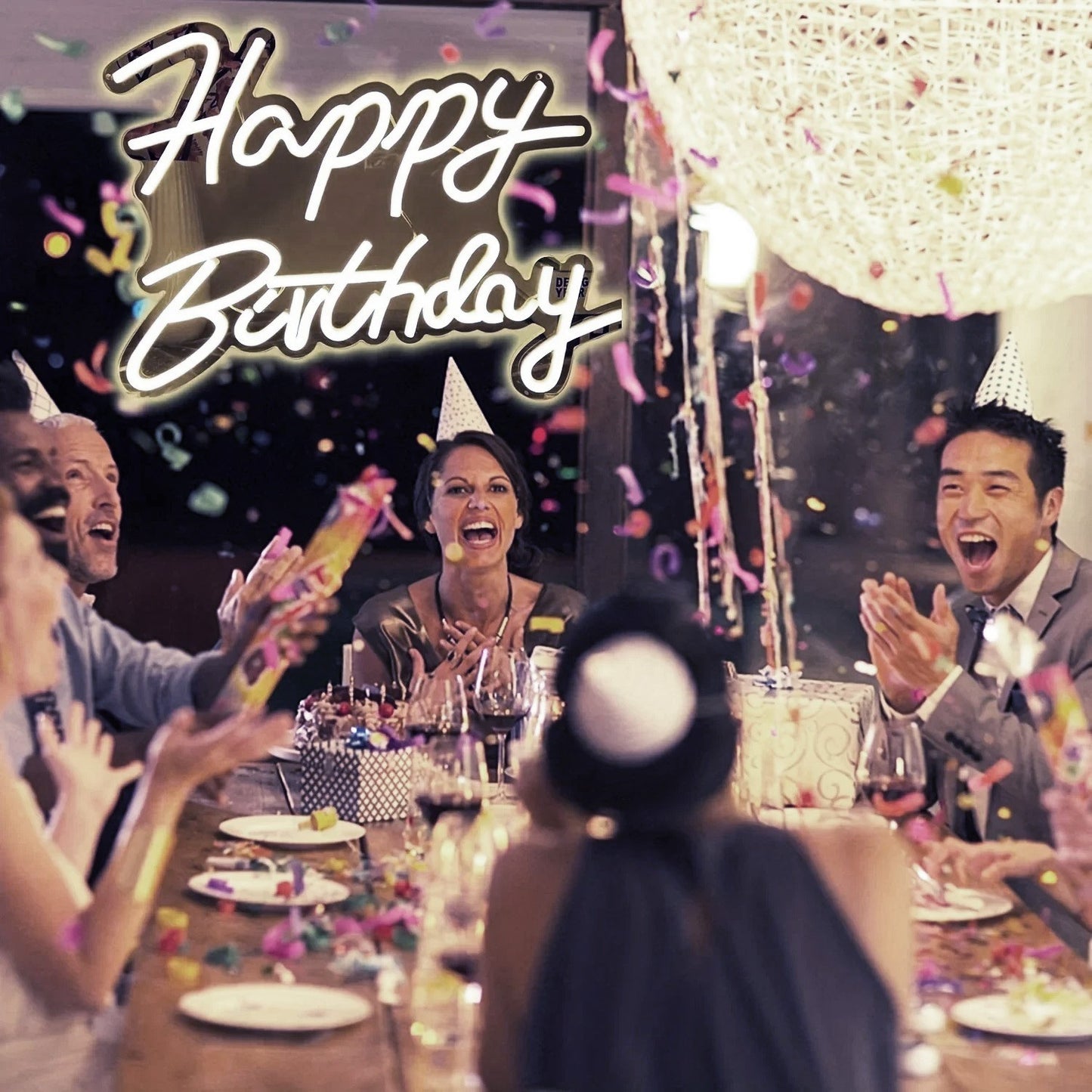 Happy Birthday Neon Sign - Cool White LED Light - Wall Bday Celebration Party