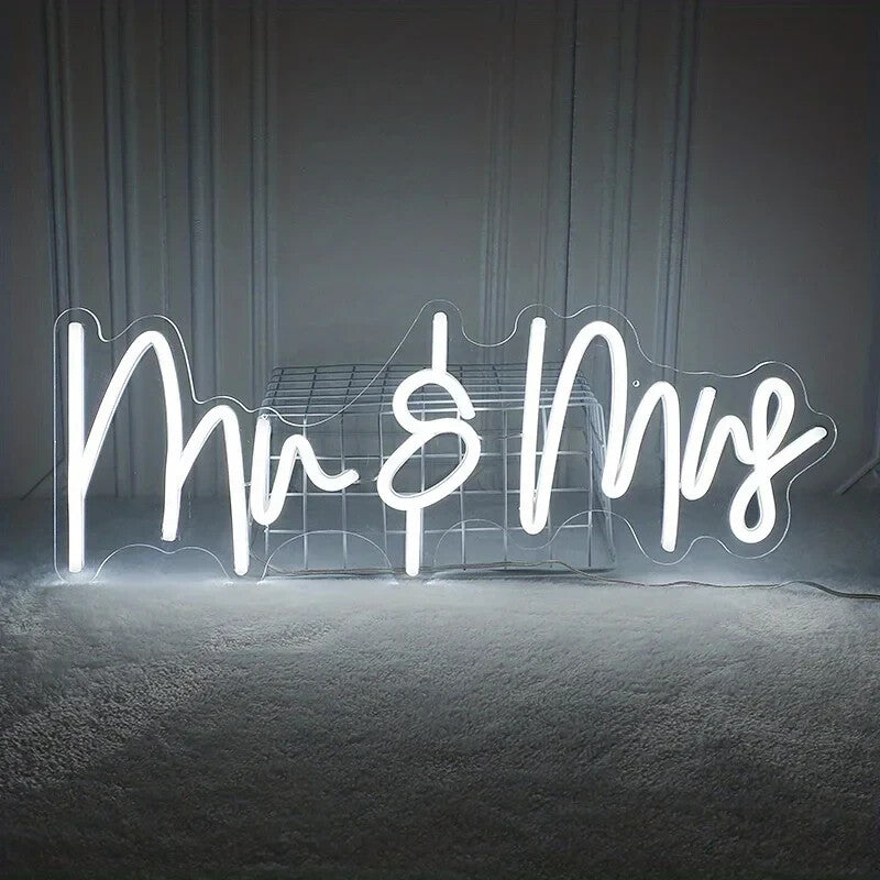 Mrs & Mrs Neon Sign - White LED Light - Wall Decor Wedding Bride Hen Party USB