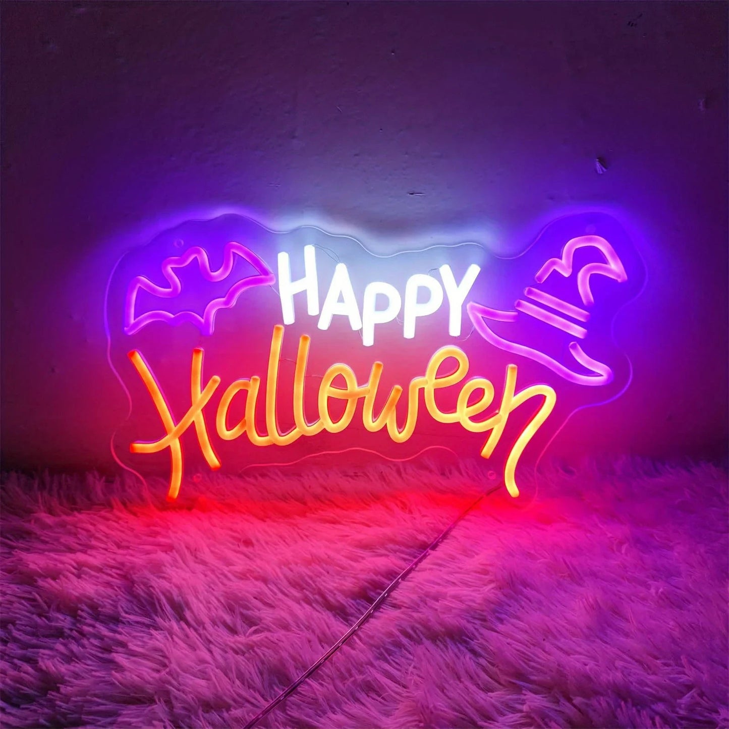 Happy Halloween Neon Sign - LED Spooky Light - Pub Home Play Area Ghost Bat Hat