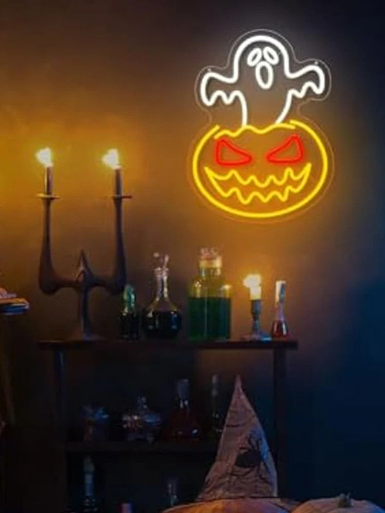 Happy Halloween Neon Sign - LED Spooky Pumpkin Light - Pub Home Play Area Ghost
