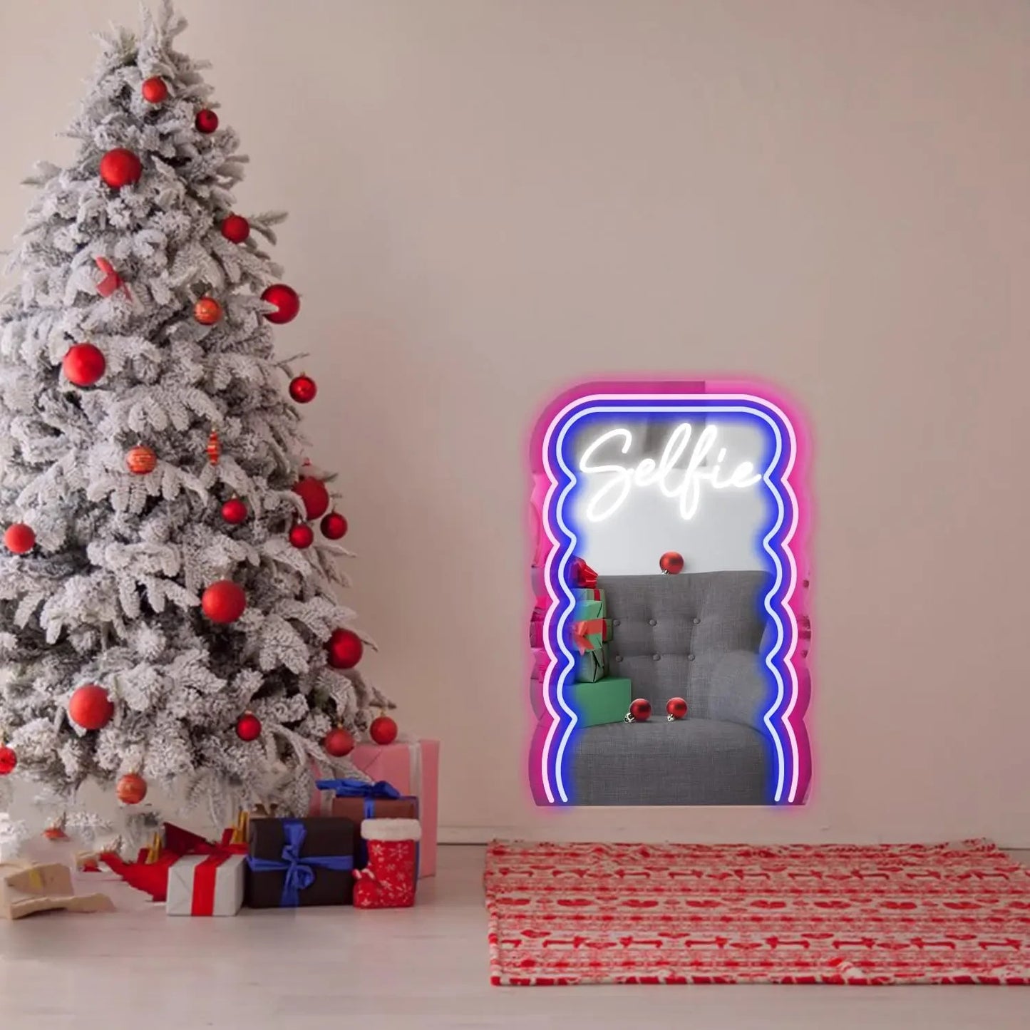 LED Neon Wave Design Selfie Mirror - USB power Light up Retro Gift 80s style