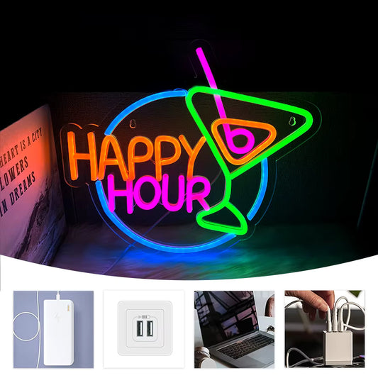 Happy Hour Neon Light - Cocktail Bar Sign - Pub Home Club etc LED