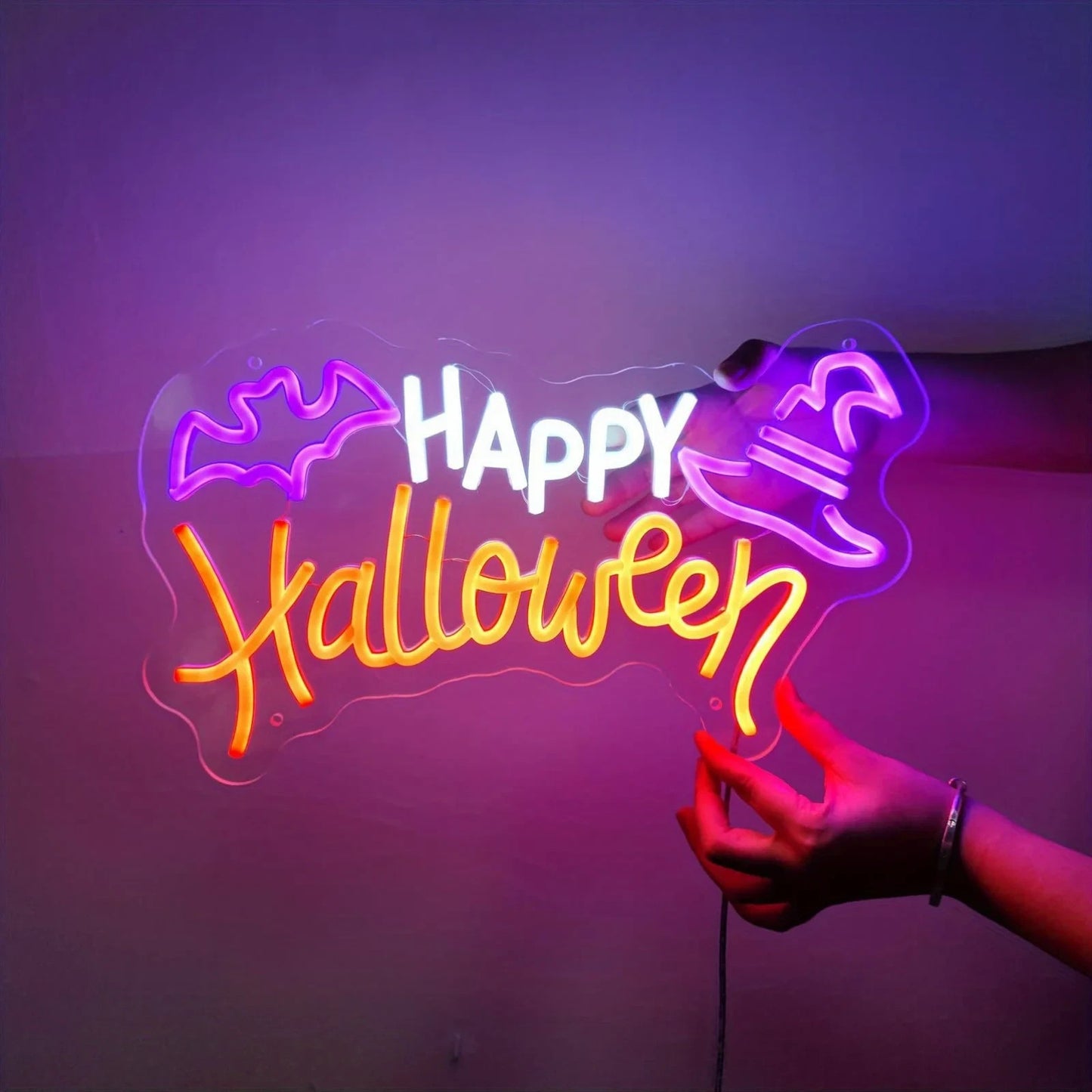 Happy Halloween Neon Sign - LED Spooky Light - Pub Home Play Area Ghost Bat Hat