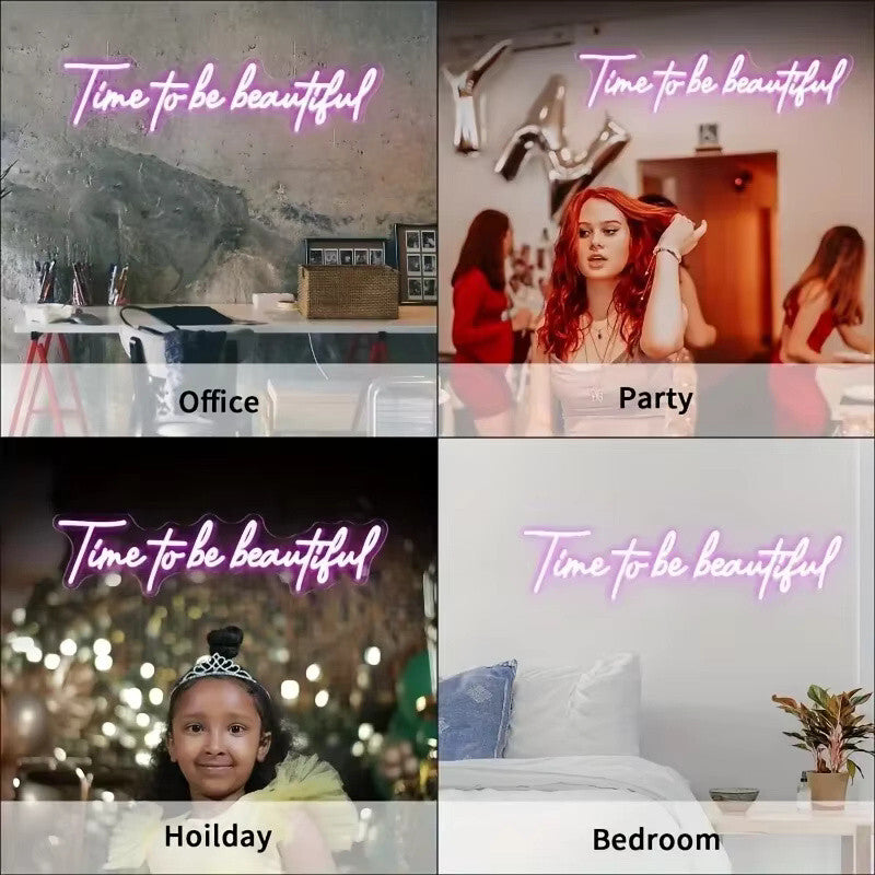 Time To Be Beautiful Neon Sign -Hair Dresser Beauty Salon Nails Lips Light LED