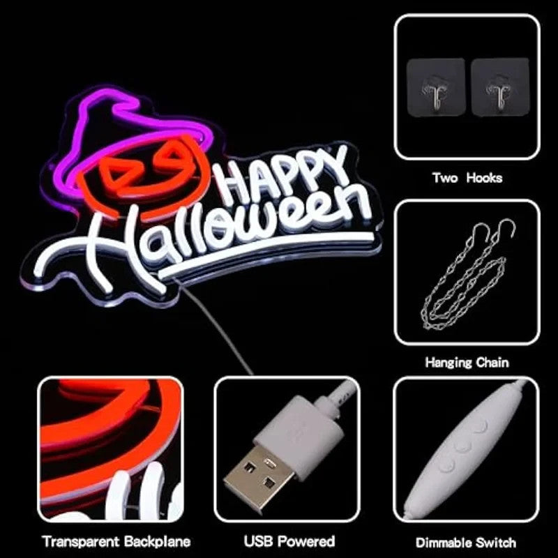 Happy Halloween Neon Sign - LED Spooky Pumpkin Light - Pub Home Play Area maze