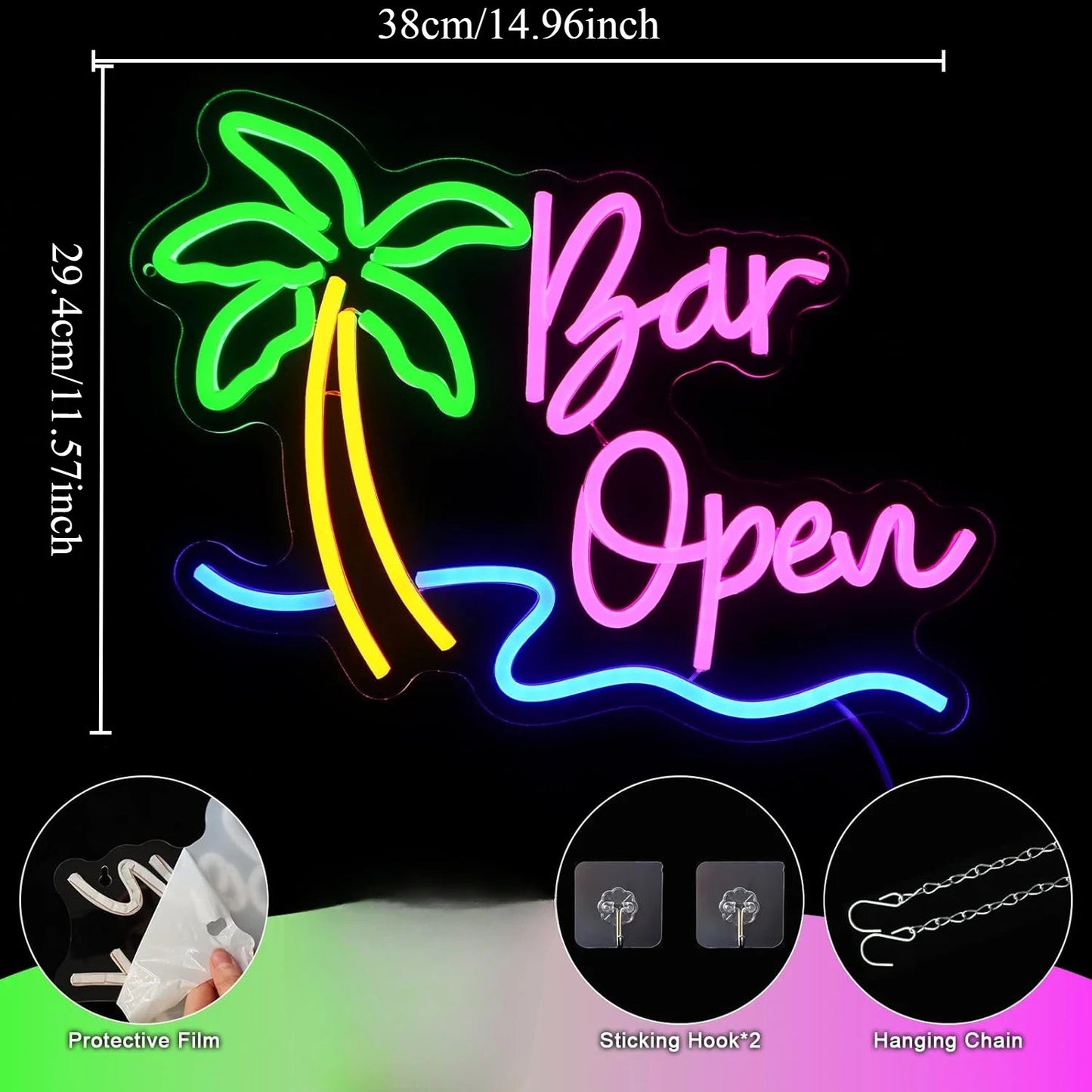 Bar Open Neon Light - LED Palm Sign - Pub Home Cocktail Club etc LED Alcohol