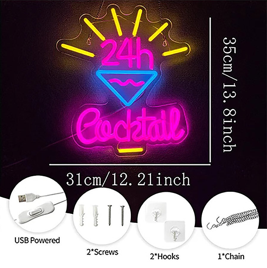 24hr Cocktail Neon Light - LED Bar Sign - Pub Home Club etc LED Alcohol