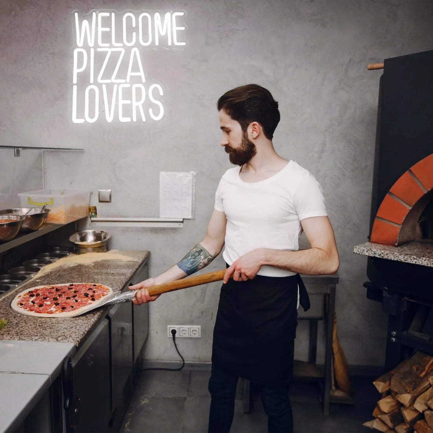 Welcome Pizza Lovers Neon Sign - LED Light Fast Food Pizza Shop Takeaway Italian