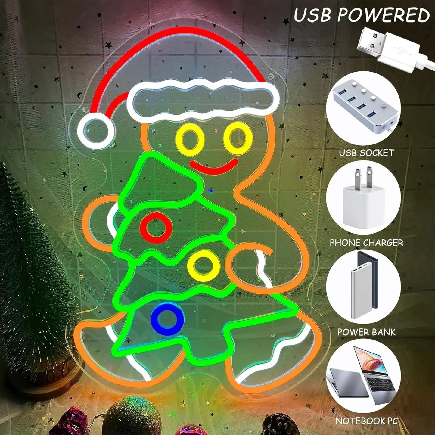 Merry Christmas Neon Sign - LED Gingerbread man Light - Home Happy Xmas Store