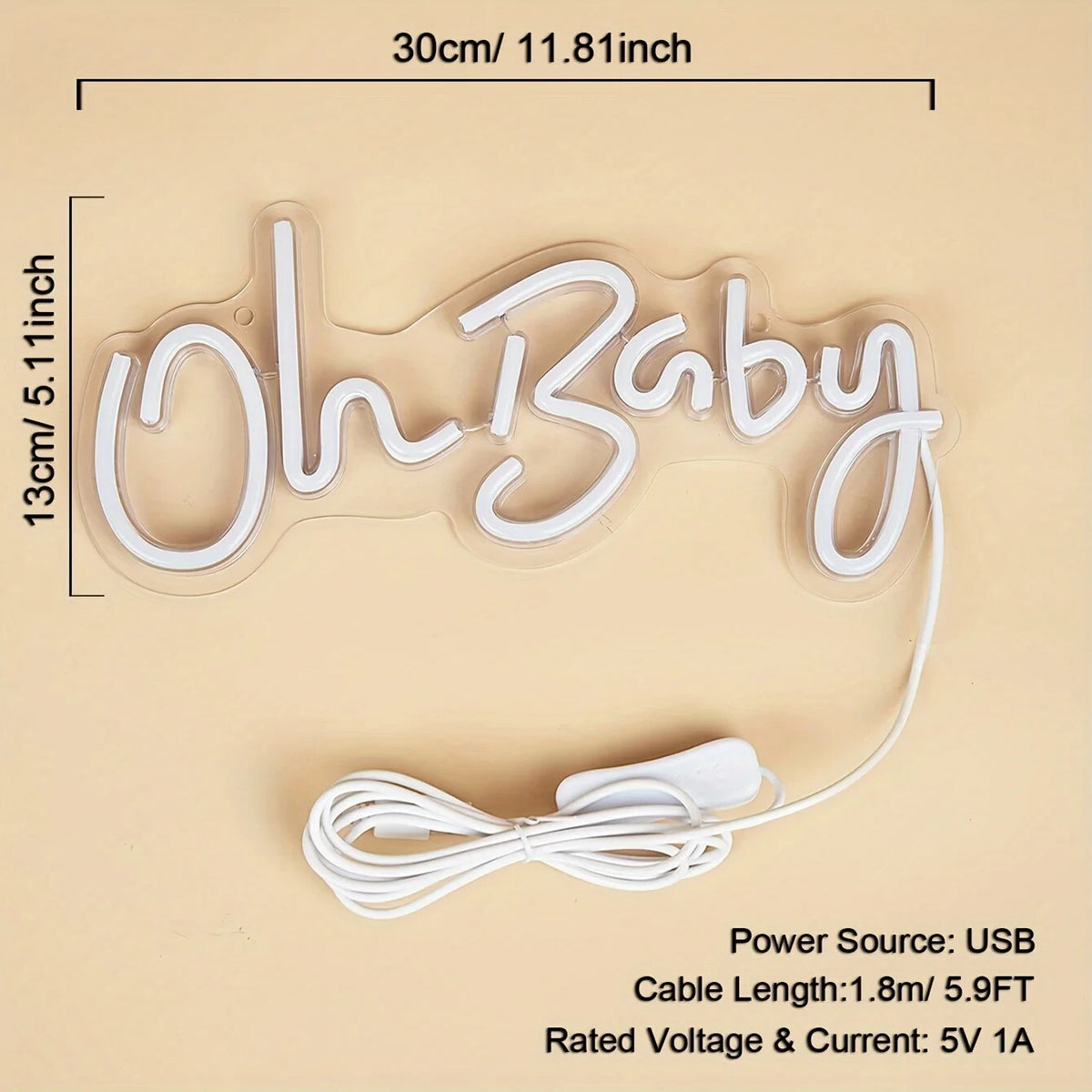 Oh Baby White Neon Sign - Room Light LED Bedroom Hotel Club Bar Beauty Salon USB