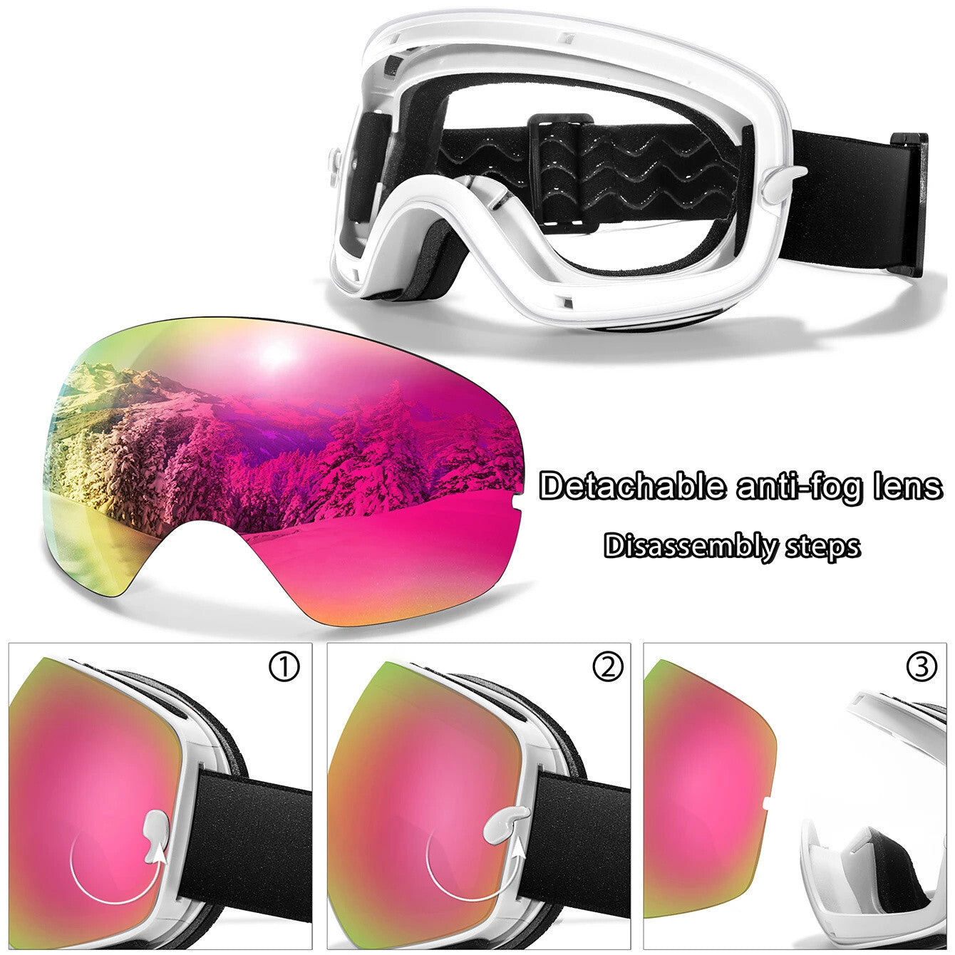UV400 Interchangeable Lens Anti-Fog Ski Goggles - Adult Mens / Womans White Pink