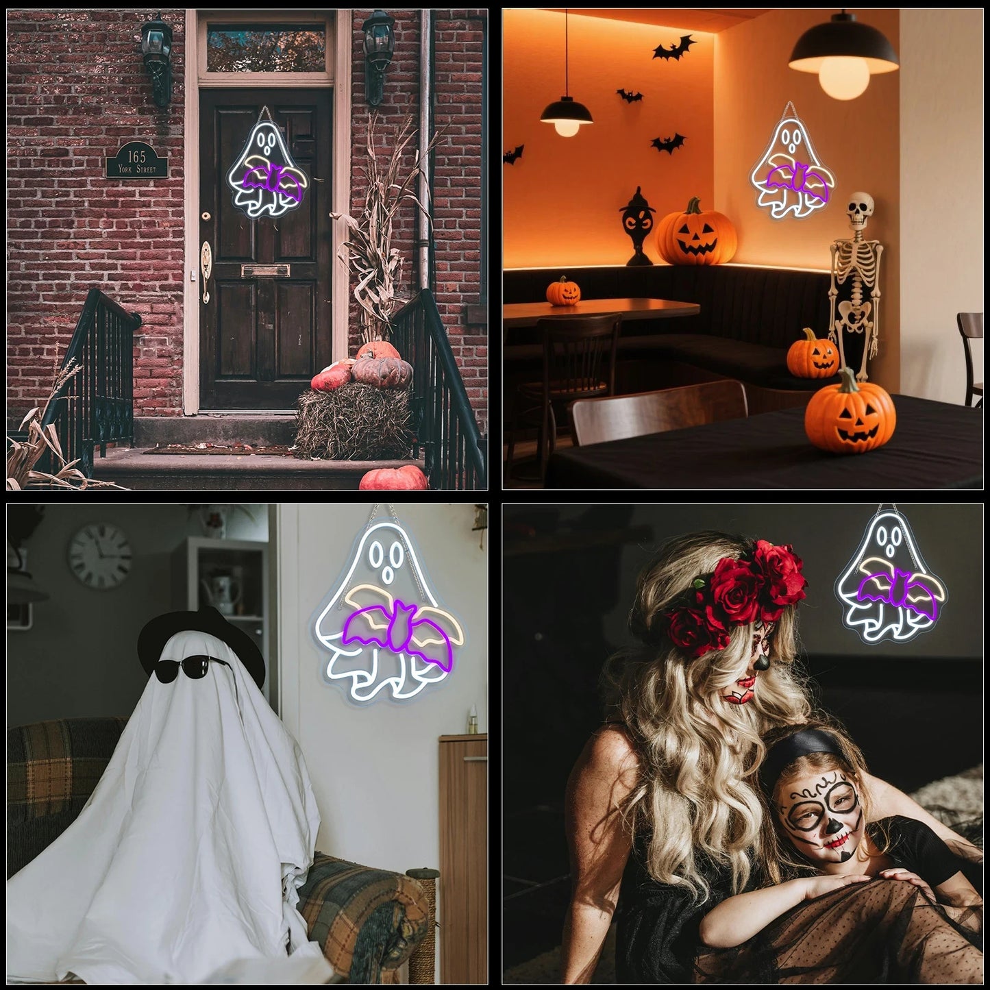 Halloween Ghost Neon Sign - LED Spooky Bat Light - Pub Home Happy Play Area Maze