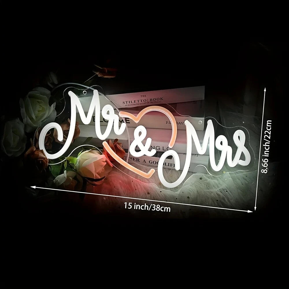 Mrs & Mrs Neon Sign - White LED Light - Wall Decor Wedding Bride Hen Party USB