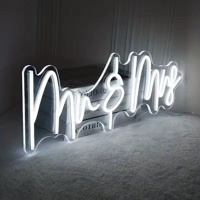 Mrs & Mrs Neon Sign - White LED Light - Wall Decor Wedding Bride Hen Party USB