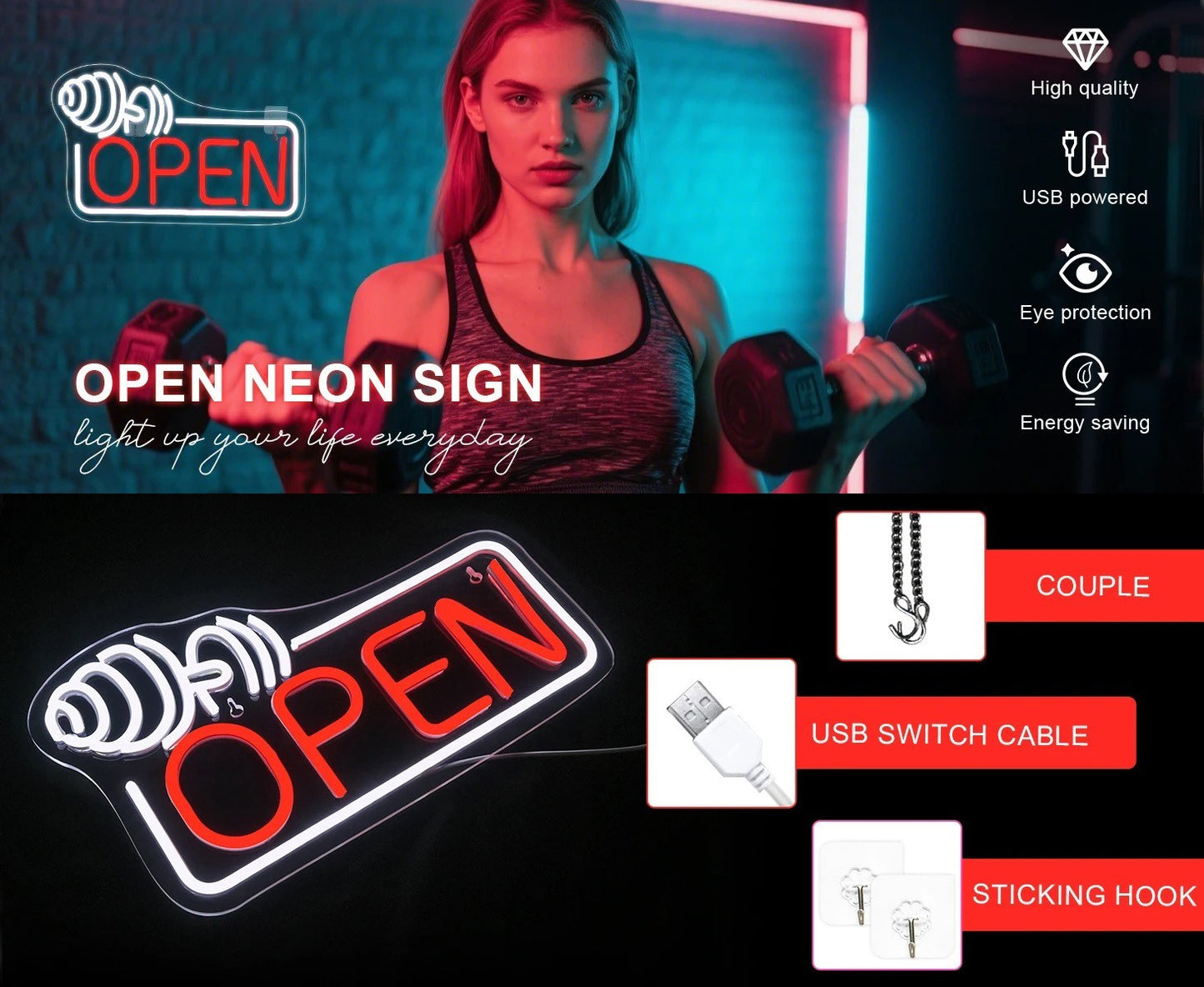 Gym Open Sign Neon Light with dumbbell - Weightlifting – Fitness Centre LED Club