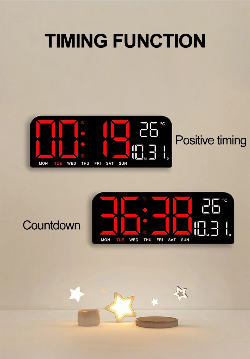 Digital Gym Wall Clock - 24CM Alarm Temperature / Time & Date gage Fitness Yoga