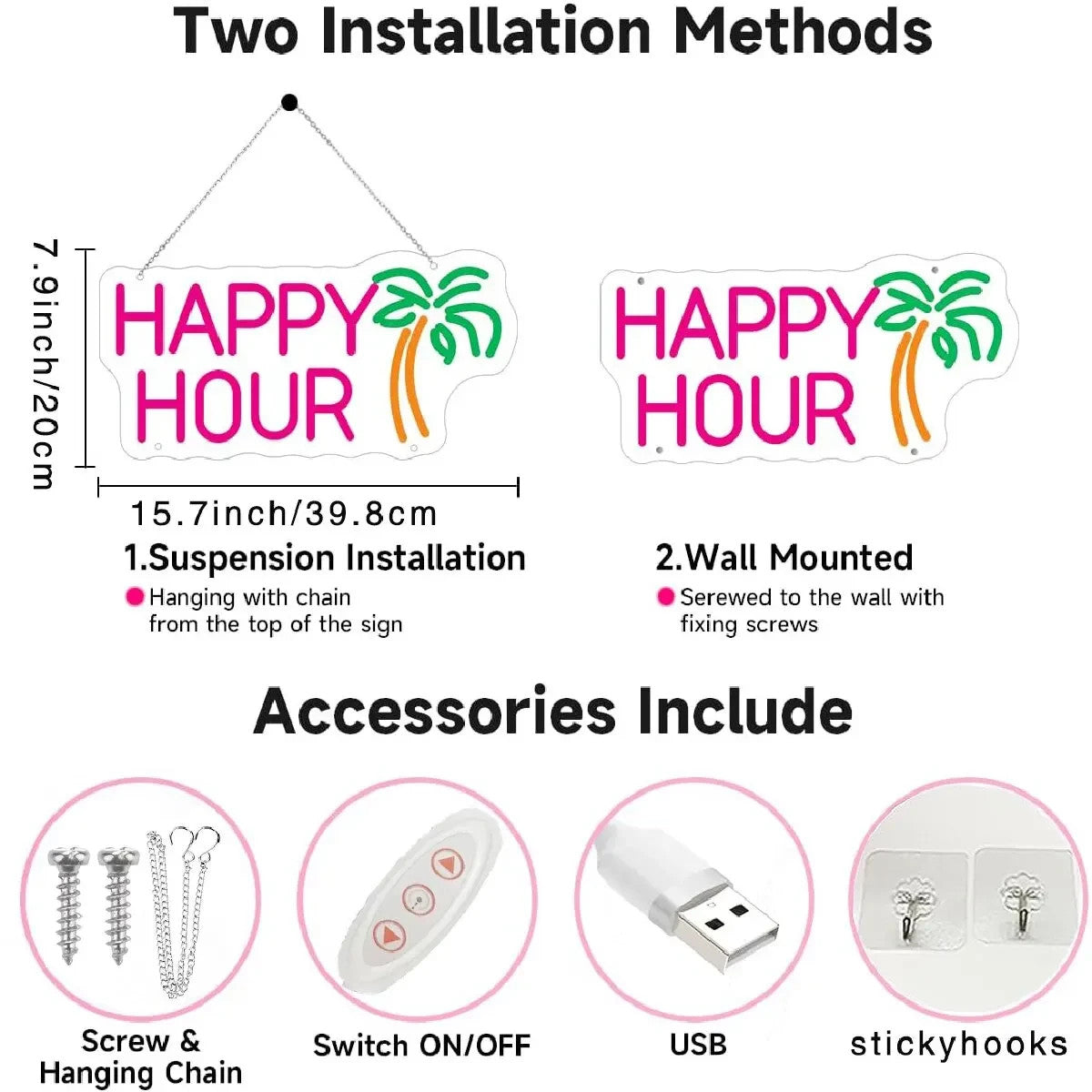 Happy Hour Neon Light - Palm Tree Cocktail Bar Sign - Pub Home Club etc LED