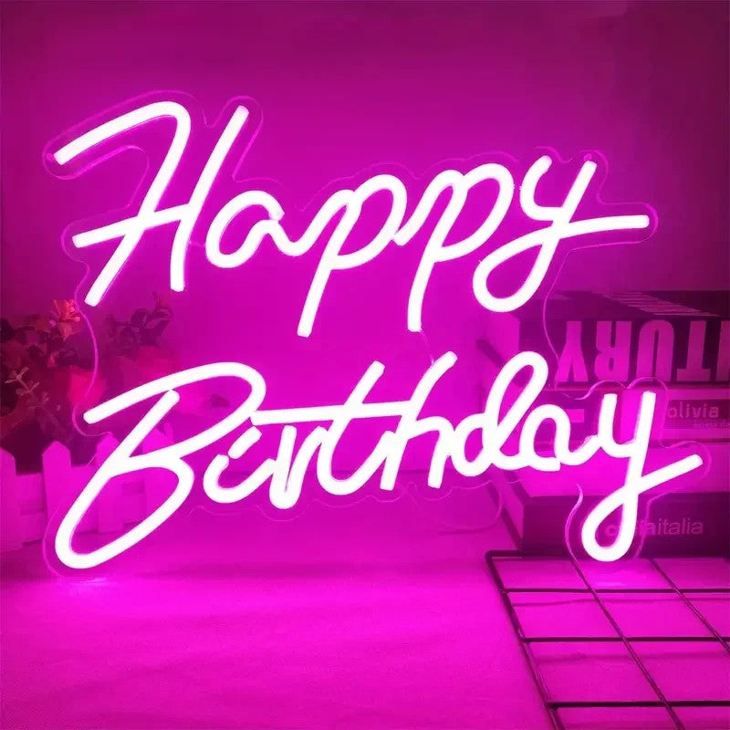 Happy Birthday Neon Sign - Pink LED Light - Wall Bday Celebration Party