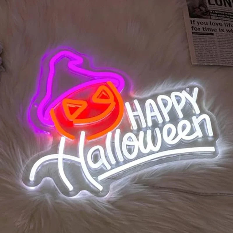 Happy Halloween Neon Sign - LED Spooky Pumpkin Light - Pub Home Play Area maze