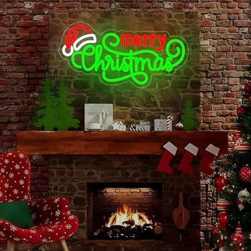Merry Christmas Neon Sign - LED XMAS Santa Hat Light - Home Happy Store Shops