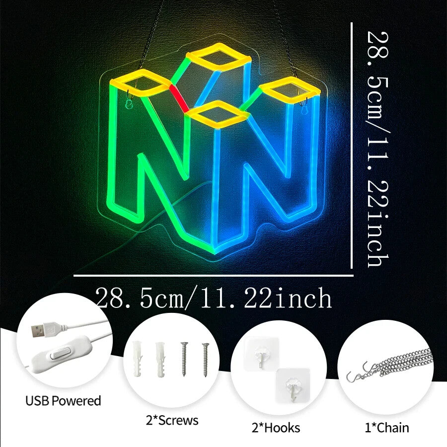 N64 Logo Neon Light - Nintendo Gaming Sign USB Powered Wall Gift Retro
