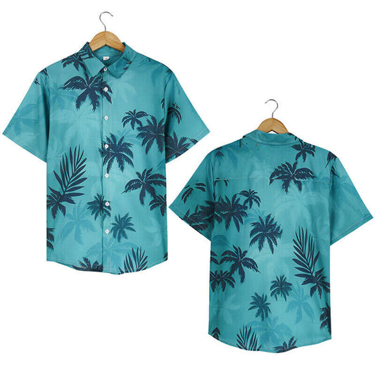 Retro inspired 80s themed Hawaiian shirt Blue - tropical Hawaii Mens Fancy Dress