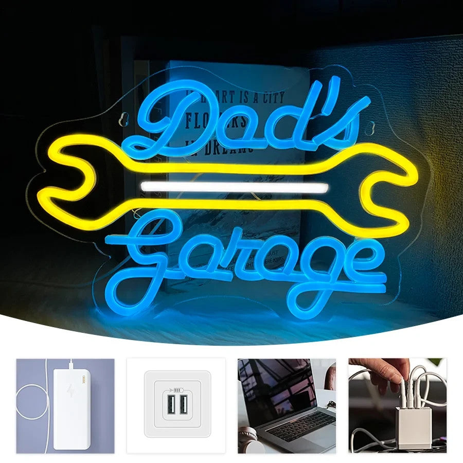 Dad's Garage Workshop Neon Sign - Home LED Light - Man Cave Bar etc Fathers Gift