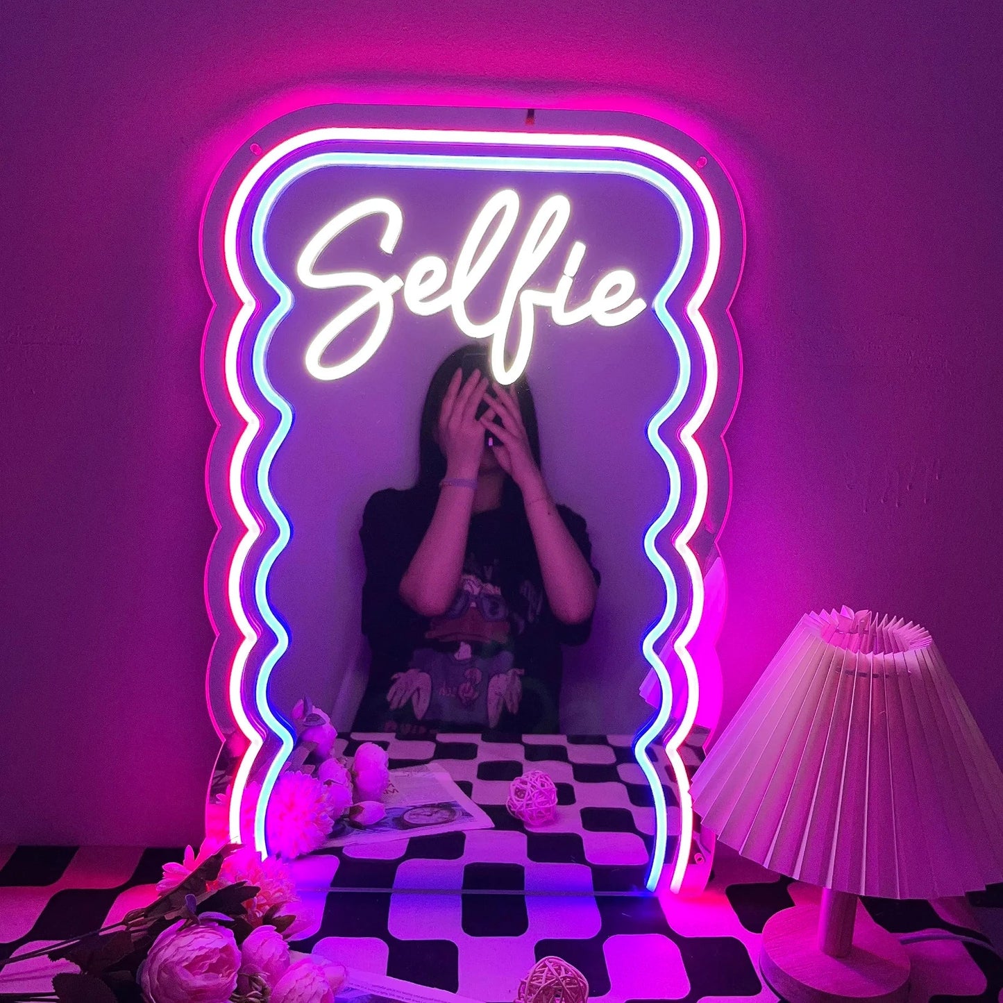 LED Neon Wave Design Selfie Mirror - USB power Light up Retro Gift 80s style