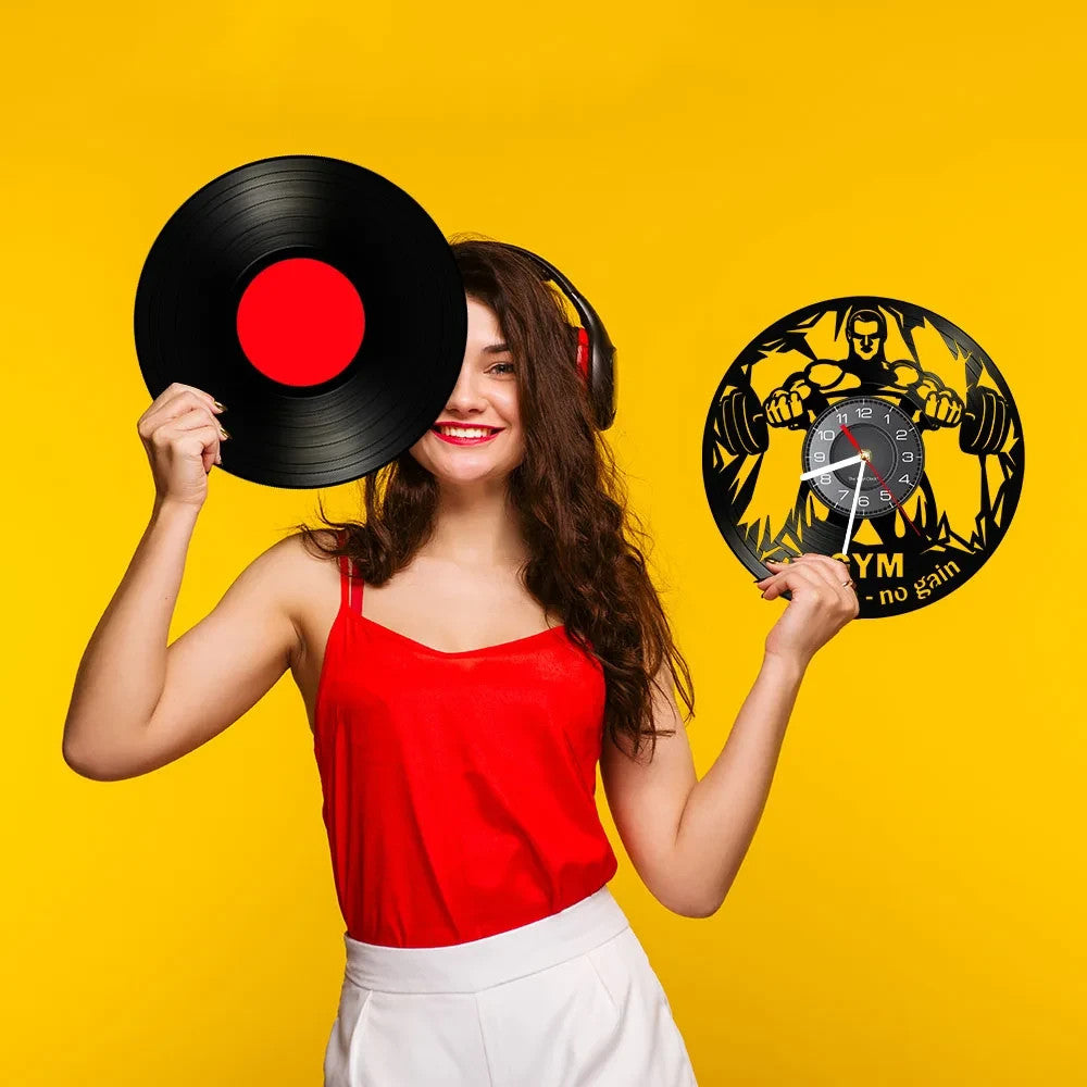 NO PAIN - NO GAIN 3D Vinyl Record Wall Clock for Home Gym Fitness Centre etc