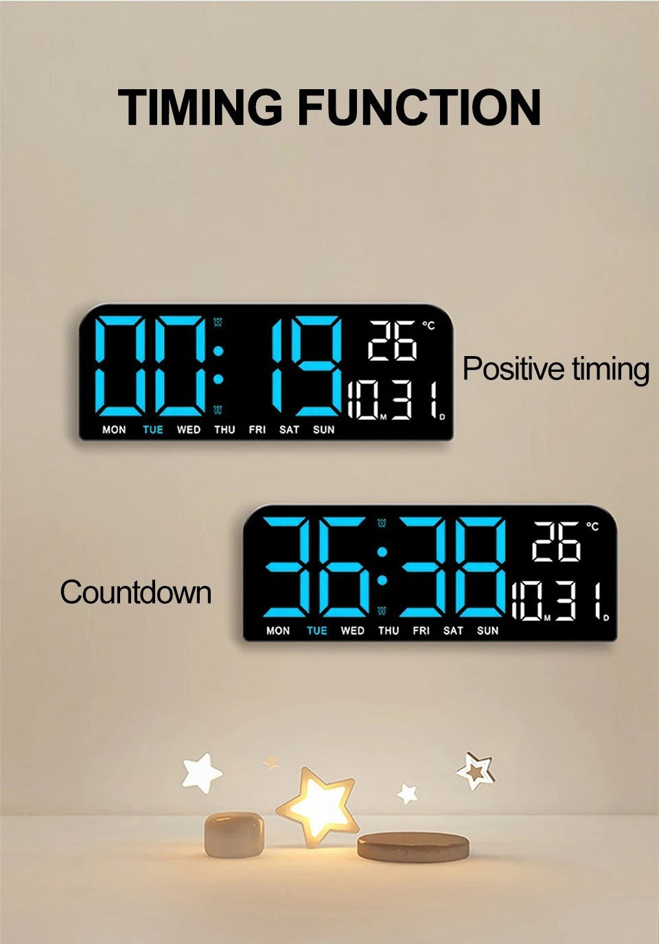 Digital Gym Wall Clock - 24CM Alarm Temperature / Time & Date gage Fitness Yoga