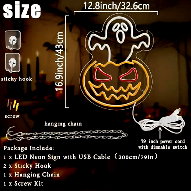 Happy Halloween Neon Sign - LED Spooky Pumpkin Light - Pub Home Play Area Ghost