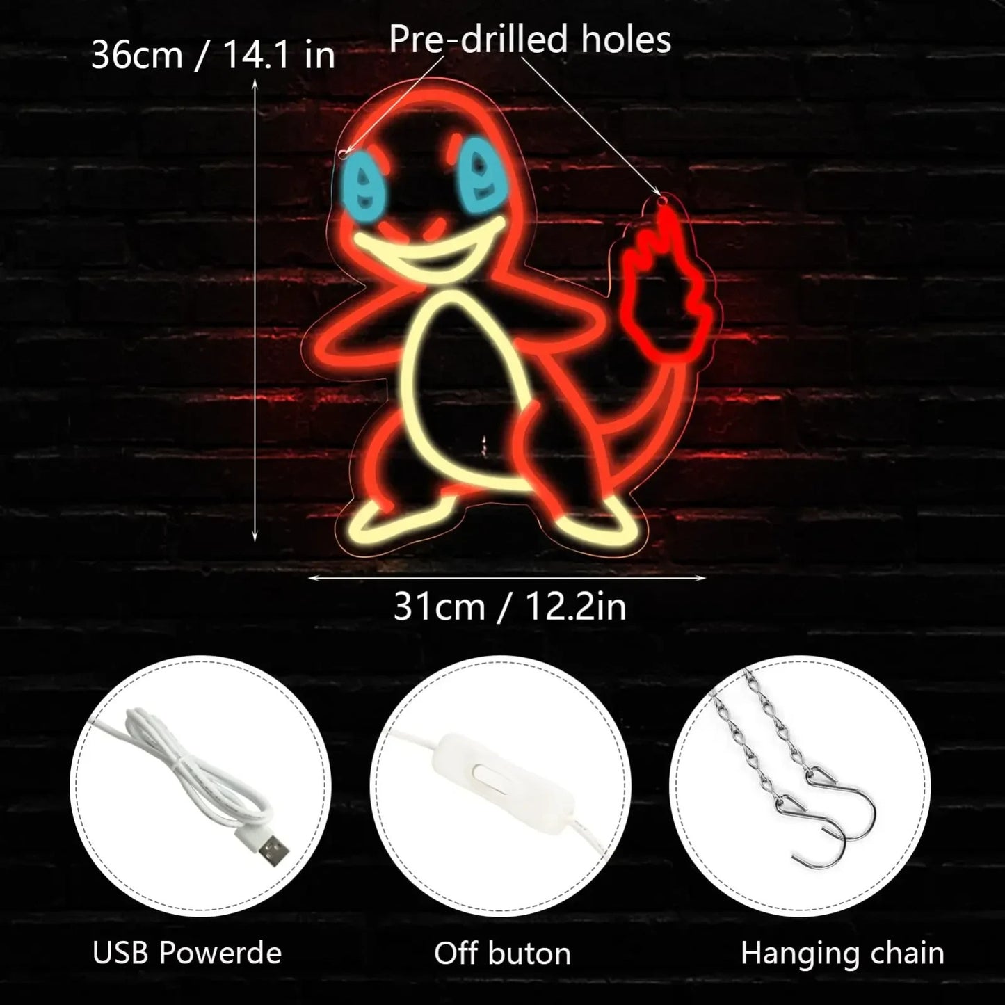 Charmander Pokémon LED Neon Light - Nintendo Gaming Sign USB Powered Wall Gift