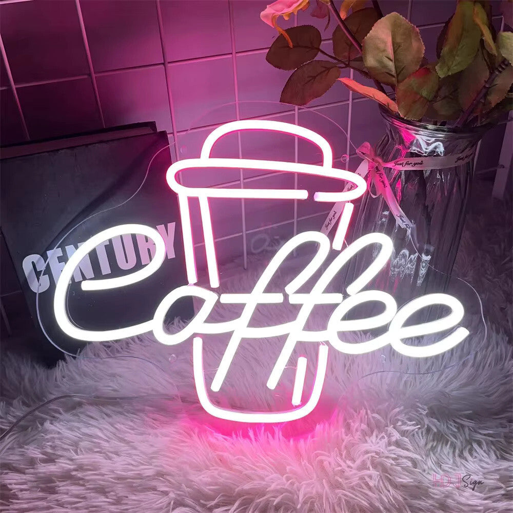 Coffee Cup White & Pink Neon Sign - Light Coffee Shop Cafe Kiosk Mug USB