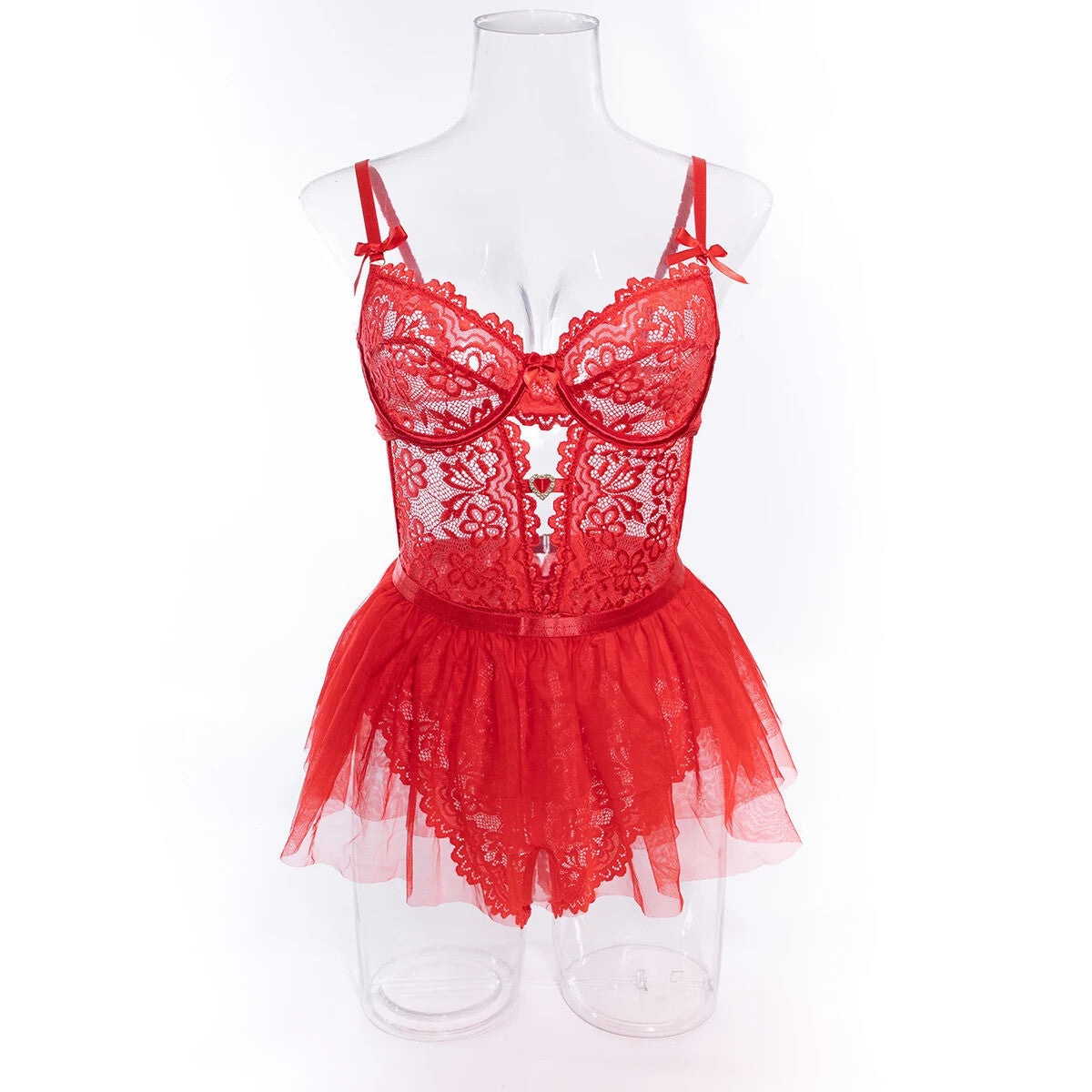 Sexy 2 Piece Valentines Lingerie Set - Backless Red Lace Outfit crotchless Skirt