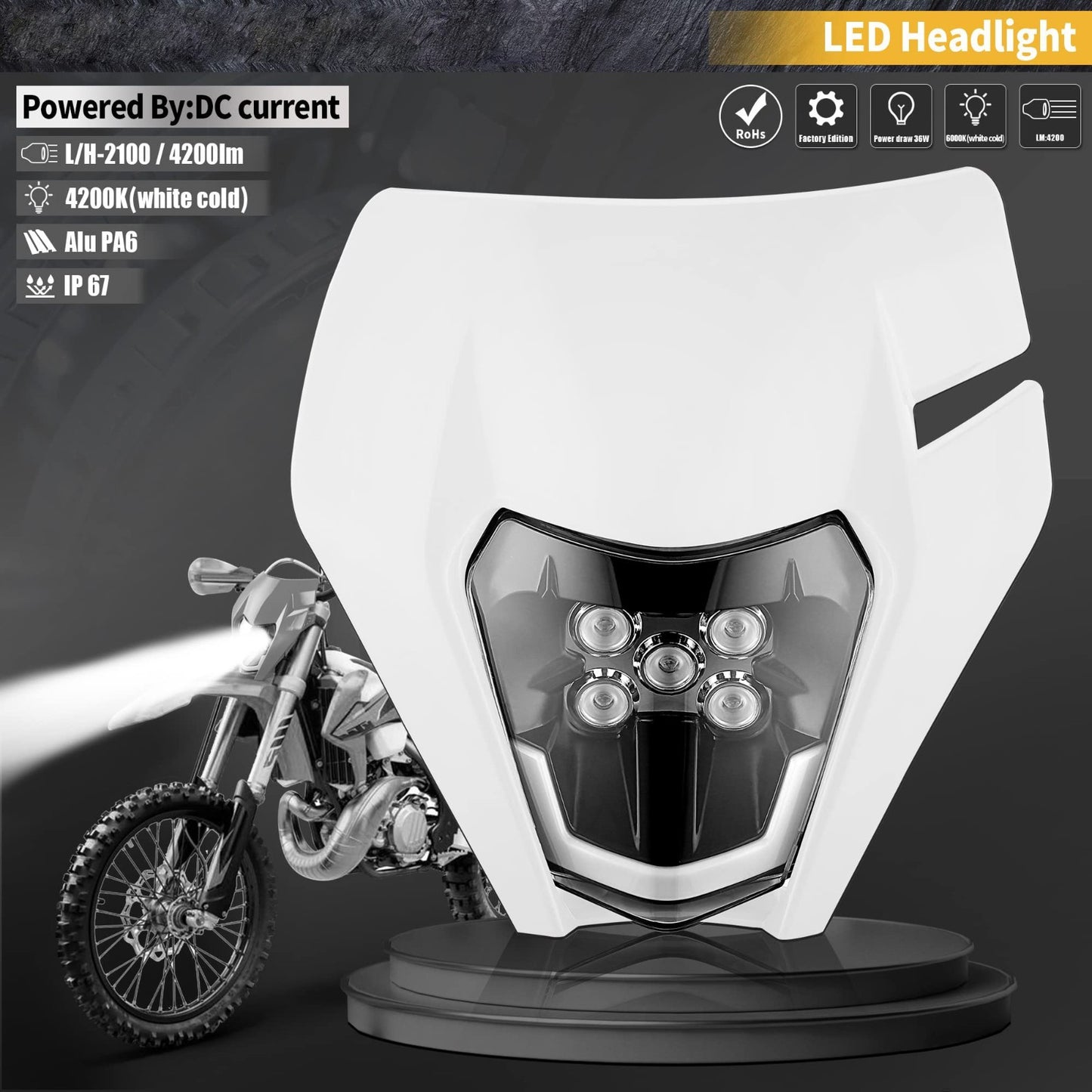 Universal Supermoto LED Headlight - For Kawasaki KTM Yamaha WHITE Motorcycle etc