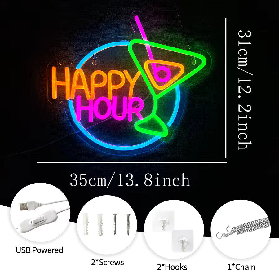 Happy Hour Neon Light - Cocktail Bar Sign - Pub Home Club etc LED