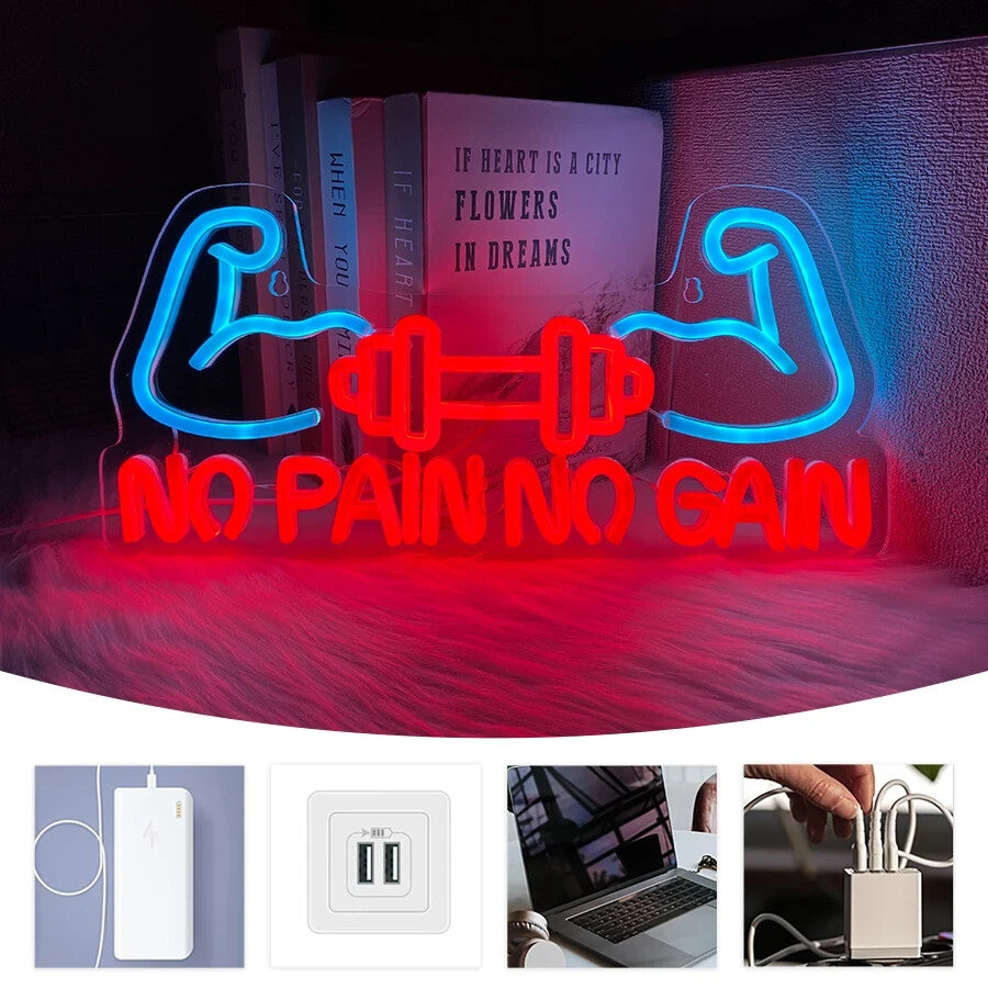 No Pain No Gain Neon Sign - LED Gym Light – Weightlifting Dumbbell USB Powered