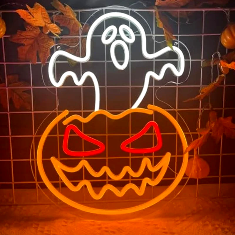 Happy Halloween Neon Sign - LED Spooky Pumpkin Light - Pub Home Play Area Ghost