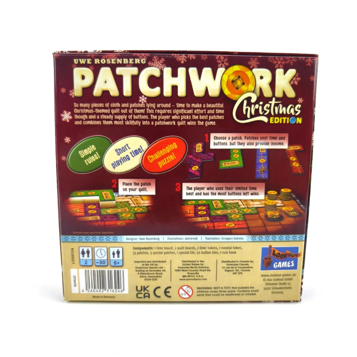 Patchwork Christmas Edition Family Game - Board Game for Two Players Funny Party