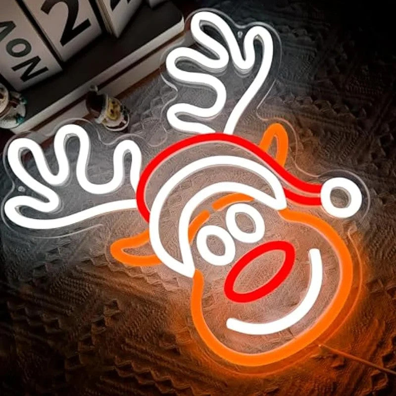 Merry Christmas Neon Sign - LED Rudolph Reindeer Light - Home Happy Xmas Store
