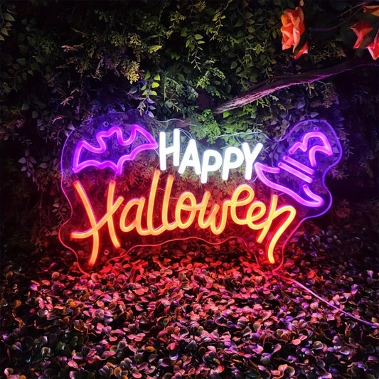 Happy Halloween Neon Sign - LED Spooky Light - Pub Home Play Area Ghost Bat Hat
