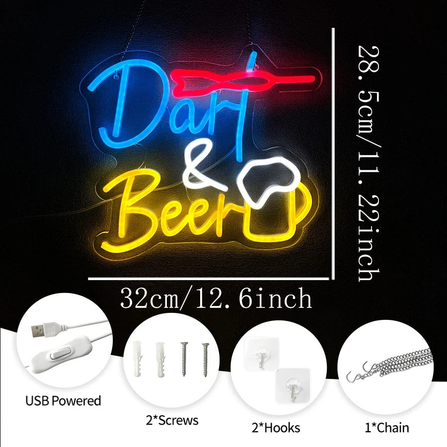 Darts & Beer ! Bar Neon Light - Pub Sign - Home Club etc LED Pint Dart Man Cave