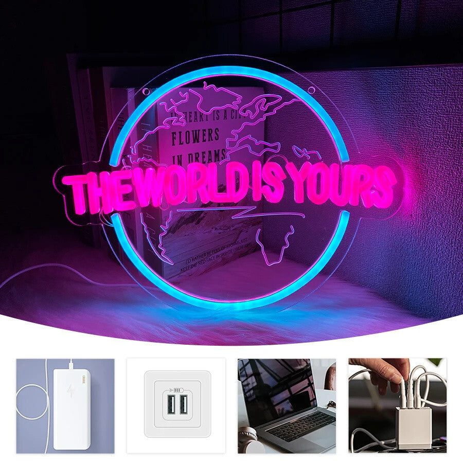 The World Is Yours Neon Light - Carved Planet LED Sign - Office Bedroom Bar etc