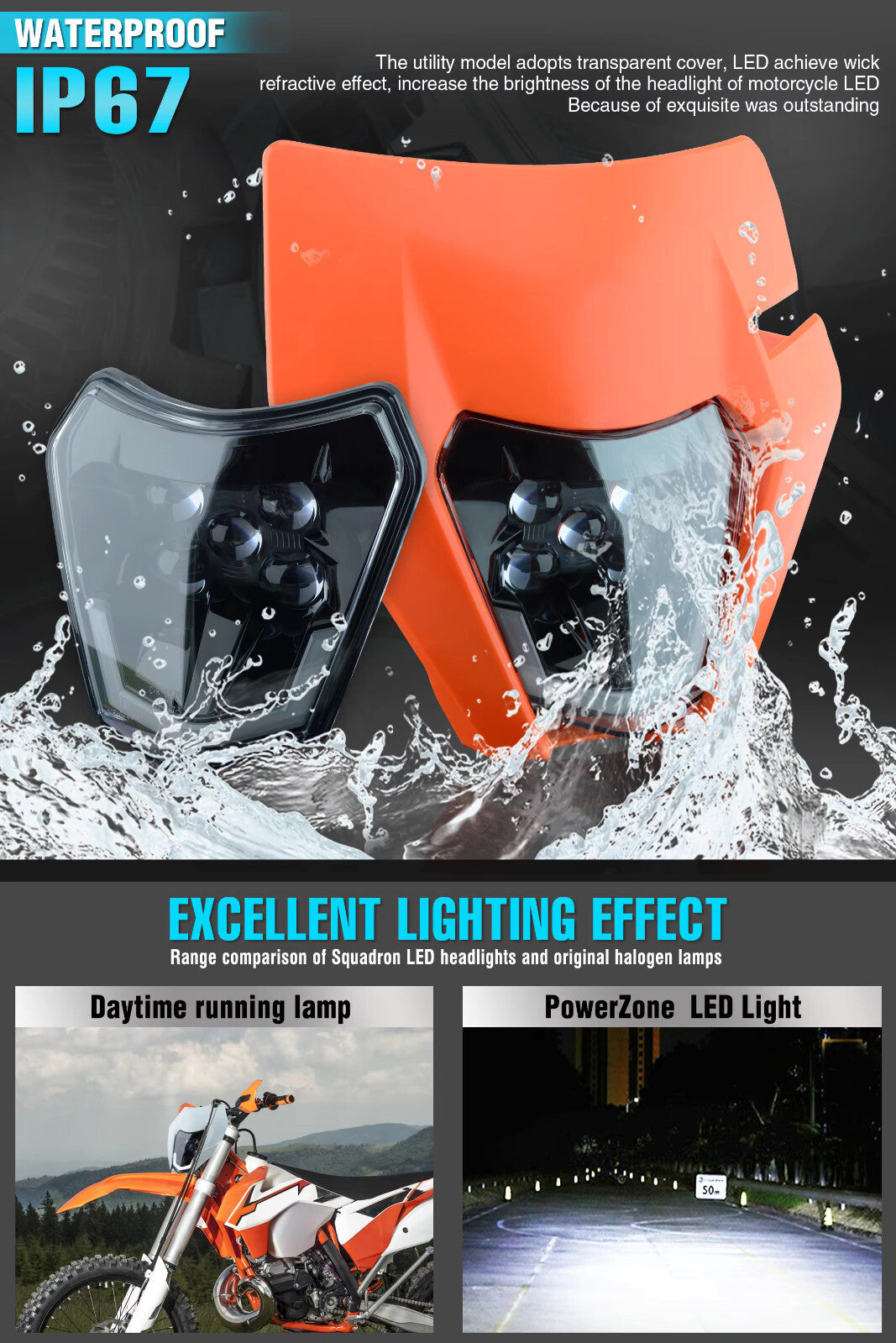 Universal Supermoto LED Headlight - For KTM Yamaha Enduro Motorcycle ORANGE