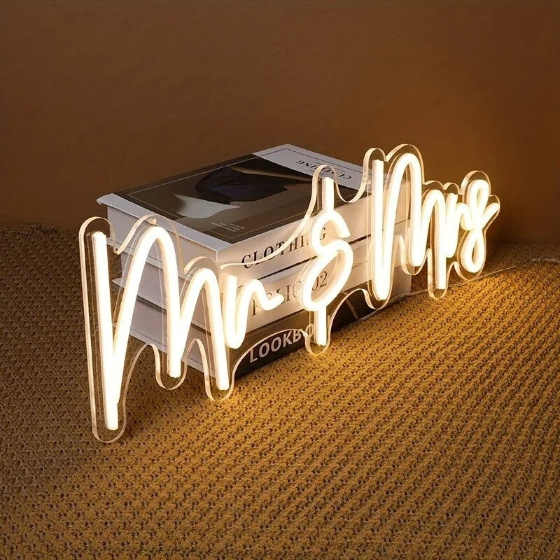 Mrs & Mrs Neon Sign - Warm White LED Light - Wall Decor Wedding Bride Hen Party