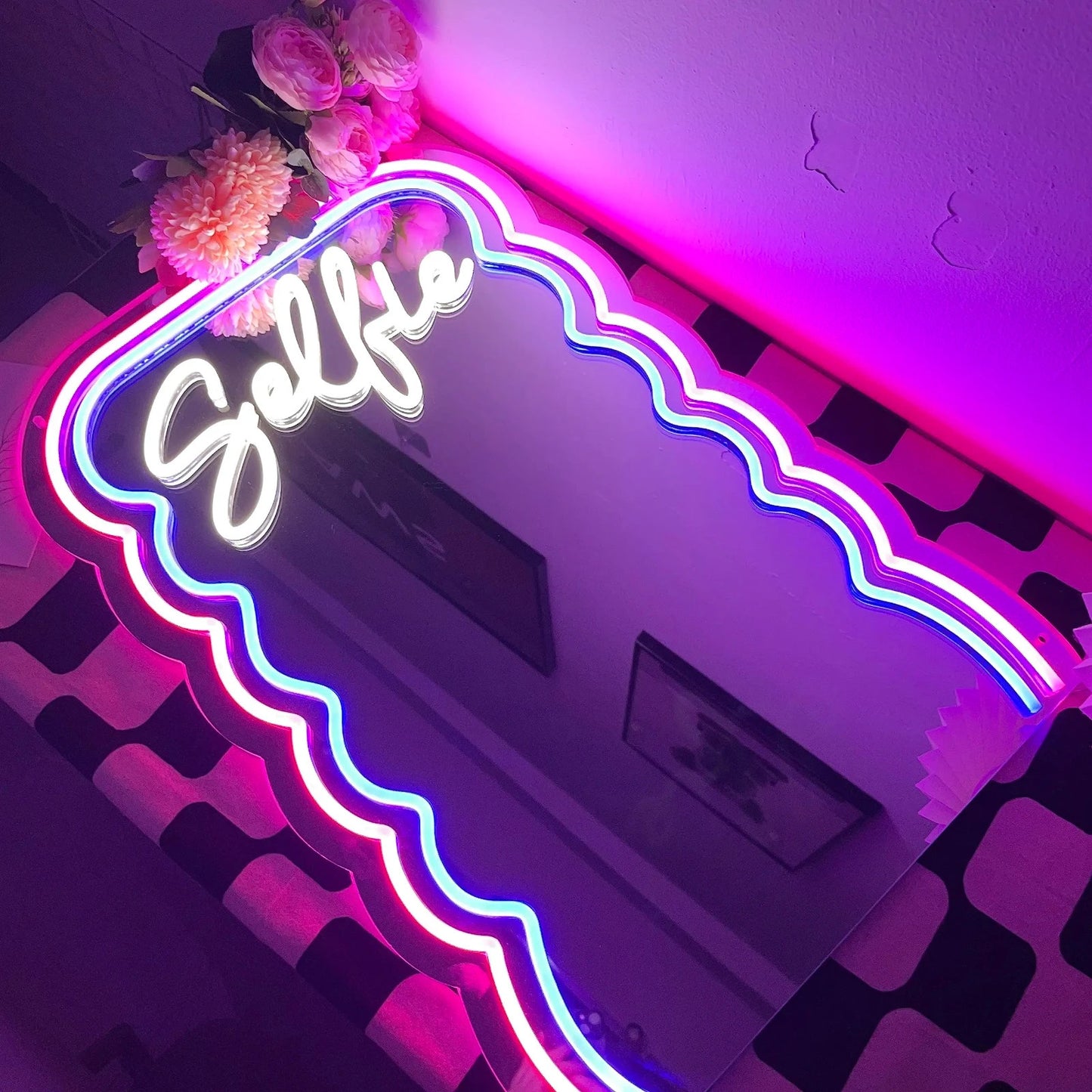 LED Neon Wave Design Selfie Mirror - USB power Light up Retro Gift 80s style