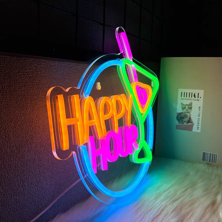 Happy Hour Neon Light - Cocktail Bar Sign - Pub Home Club etc LED