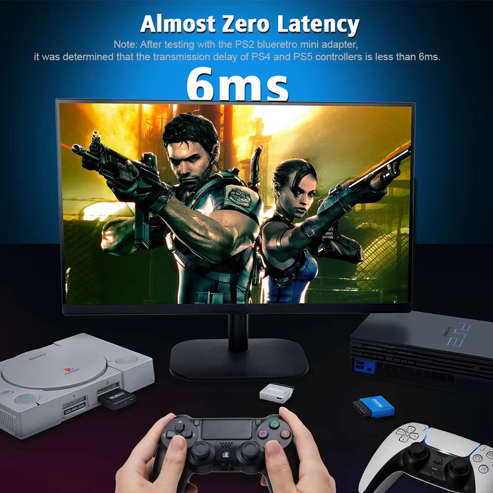 Wireless Bluetooth Controller Receiver - Playstation 1 & 2  - (Grey) Blue Retro