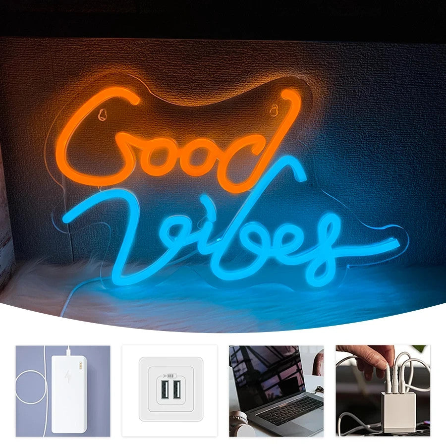 Good Vibes Neon Sign - Home LED Light - Office Bedroom Spa Bar etc USB Powered