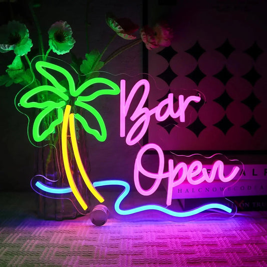 Bar Open Neon Light - LED Palm Sign - Pub Home Cocktail Club etc LED Alcohol